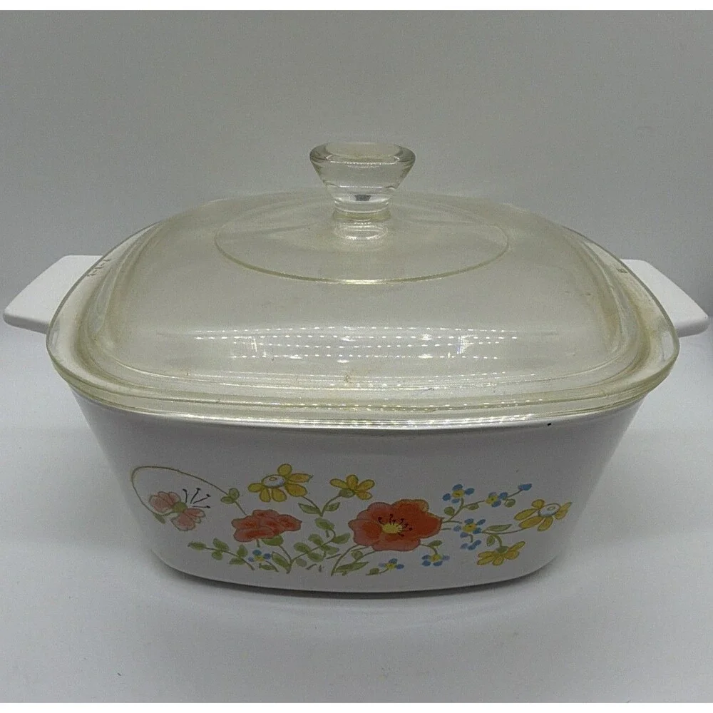 CorningWare 1 1/2 Qt Square Glass Casserole w/ Lid Wildflower